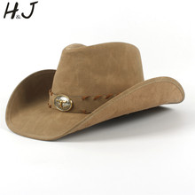 100% Leather Men Western Cowboy Hat For Gentleman Dad Sombrero Hombre Caps Size 58-59CM Dropshipping 2024 - buy cheap