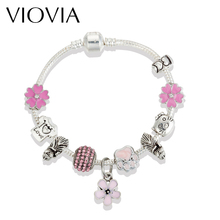 VIOVIA 2019 Pink Flower Charm Bangle With Flower Dog Beads European Charm Bracelets & Bangles DIY Handmade for Girl Gifts B16183 2024 - buy cheap