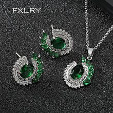 FXLRY Elegant Classic Leaf Shape Green Cubic Zirconia Trendy Pendant Necklace and Earring For Women Jewelry Sets 2024 - buy cheap