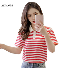 Striped T Shirt Summer Harajuku 2019 Female Shirt Short Sleeve Plus Size Turn-down Collar T-shirts Woman Korean Tops Feminine 2024 - buy cheap