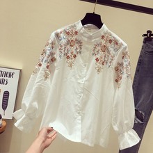 2018 Autumn Leaves Embroidery Long Sleeve Women Blouses And Shirts Female Ladies Casual Shirt Tops Striped Casual Blusas Blouse 2024 - buy cheap