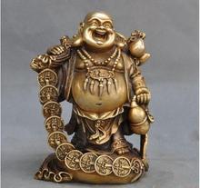 YM  306  7" chinese brass golden bag money coin gourd happy laugh Maitreya Buddha statue 2024 - buy cheap