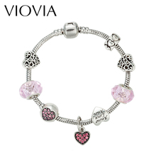 Viovia pulseira feminina, bracelete com contas, pingente de coração, para mulheres, de cor prata, miçangas, joia, presente 2024 - compre barato