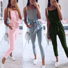 New Women Summer Casual Jumpsuit For 2022 Sling Backless With Sashes Long Pants Jumpsuits Female Fashion Solid pocket Jumpsuit 2024 - buy cheap