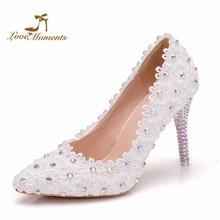 Zapatos de tacón fino de encaje blanco para mujer, calzado de fiesta de noche con punta puntiaguda, hecho a mano, hermoso Lazo, flor, boda, fiesta, novia 2024 - compra barato