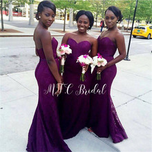 Purple Lace Mermaid Dresses Bridesmaid 2019 Sweetheart Floor Length Simple Wedding Party Dress Custom Made Maid Of Honor Gown 2024 - buy cheap