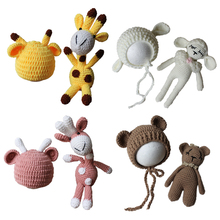 Sombreros de muñecas de animales para bebé recién nacido, conjunto de accesorios de fotografía, jirafa, oveja, cachorro, gorro de oso, juguete de punto hecho a mano 2024 - compra barato
