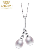 Ashiqi colar de pérola 925, prata esterlina cereja água doce 7-8mm pingente de pérola dupla joia de qualidade 2024 - compre barato