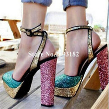 New Fashion Women Peep Toe Sequined High Platform Chunky Heel Sandals Ankle Strap High Heel Sandals Party Club Shoes 2024 - buy cheap