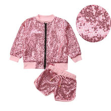 Fashion Sequins Toddler Kids Girls  Long Sleeve Cotton Outfits Clothes 2PCS Zipper  Pink Jacket Tops+Shorts Sets Autumn 2024 - buy cheap