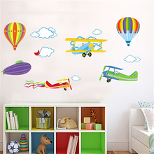 Pegatinas de pared para habitaciones de niños, decoración de avión de dibujos animados y globo de aire caliente, pegatinas de pared extraíbles, vinilo para la habitación del hogar 2024 - compra barato