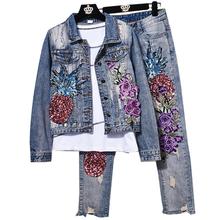 Conjunto de jaqueta jeans com desenho de abacaxi, duas peças, jaqueta feminina bordada de flores com buraco e lantejoulas, para primavera 2024 - compre barato