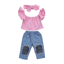 Conjunto de roupas 3 pçs blusa curta + calça jeans casual, roupas para meninas crianças 2024 - compre barato