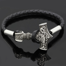 Mjolnir-martillo de Thor, amuleto con forma de martillo Vikingo, pulsera de cuero escandinavo con bolsa de regalo vikingo 2024 - compra barato