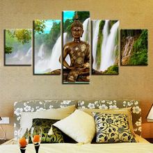 Quadro de pintura modular hd, 5 peças, buda meditação cascata, paisagem natural, pintura de tela, decoração para casa, arte de parede 2024 - compre barato