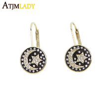 Pendientes de circonia cúbica para mujer, aretes con grabado de luna, estrella, brillante, empedrado, blanco y negro, a la moda, dorado 2024 - compra barato