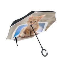 Guarda-chuva estampado sul coreano bobcat, dupla camada, marcha a ré, chuva, mulheres, homens, guarda-chuva, à prova de vento 2024 - compre barato