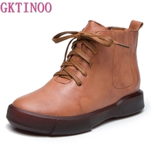 Gktinoo botas femininas para o tornozelo, sapatos casuais vintage de couro genuíno, de veludo quente e artesanal retrô 2024 - compre barato