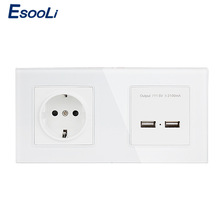 Esooli Wall Crystal Glass Panel 2 Gang Power Socket Grounded 16A EU Electrical Outlet With Dual USB Smart Charging Port 5V 2A 2024 - buy cheap