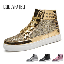 COOLVFATBO Cool Men Women High TopGold Glitter Sneakers Lace Up Platform Flats Gold Shoes Man Sequins krasovki Bling Shoes Ins 2024 - buy cheap