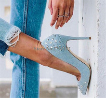 Women Western Style Pointed Toe Denim Rhinestone Stiletto Heel Pumps Slip-on Blue Jean Crystal High Heels Formal Dress Shoes 2024 - buy cheap