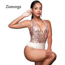 Ziamonga Deep V-Neck Backless Short Rompers Sequins Jumpsuit Outfit Women Bling Bling Shiny Nihtclub Wear Women Bodysuit S2816 2024 - buy cheap