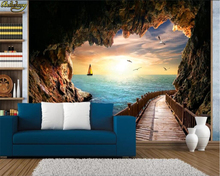 Beibehang-papel tapiz 3d personalizado, mural de cueva, paisaje marino, puesta de sol, mural, papel de pared para sala de estar 2024 - compra barato