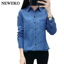 New spring Autumn women cotton pocket Turn-down Collar long sleeve blouse blue Denim shirt casual tops 2024 - buy cheap