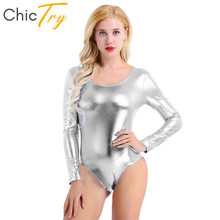 ChicTry Women Shiny Patent Leather Ballet Leotard Adult Long Sleeve Professional Gymnastics Leotard Bodysuit Stage Dance Costume 2024 - buy cheap