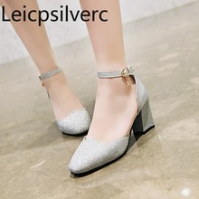 Zapatos de tacón medio con lentejuelas de cristal para mujer, calzado de tacón bajo con cabeza cuadrada, talla grande 32-43, para primavera y otoño 2024 - compra barato