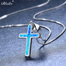 Pingente de cruz azul/branco blaike, colar personalizado com pingente de opala de deus, prata esterlina 925, joia para festa de casamento 2024 - compre barato