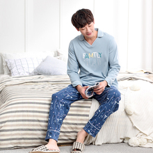 Men Korean large size men youth pajamas 2019 spring and autumn cotton lapel long sleeve pants new men pajama sets pajama set 2024 - buy cheap