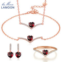 LAMOON Classic Fine Jewelry Sets for Women 100% Natural Heart Love Red Garnet 925 Sterling Silver Jewelry Earring Ring V004-1 2024 - buy cheap