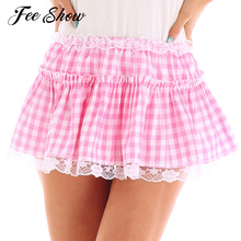 Unisex Men Women Casual Pleated Skirt Elastic Waistband Short Skirt with Lace Hem Pleated Gingham A-line Mini Skirt Fancy Skirts 2024 - buy cheap