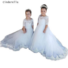 Cenicienta mangas medio barco cuello Apliques de encaje de flores las niñas vestidos con cubiertos Botón de regreso de fiesta niña poco vestidos 2024 - compra barato