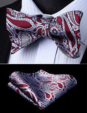 Gravata borboleta lenço definir Homens Tecido Wedding Party Red Cinza Cinza Paisley Auto Bow Tie Bolso Praça Set # BP944US 2024 - compre barato