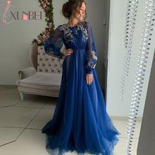 Robe de soirée Dubai Azul Royal Mangas Compridas Vestidos de Noite Longo 2019 Abiye Ouro Apliques de Tule Macio Vestido de Festa À Noite 2024 - compre barato