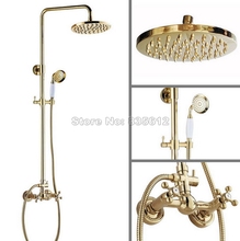 Luxury Gold Color Brass Wall Mounted Rain Shower Faucet Set / Bathroom Dual Handles Mixer Tap + 8 inch Round Shower Head Wgf332 2024 - buy cheap