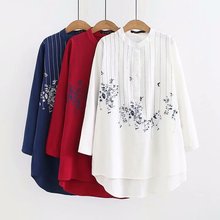 2018 Plus size mandarin collar long sleeve blouses women Embroidered red & white & dark blue shirt Spring & autumn ladies tops 2024 - buy cheap
