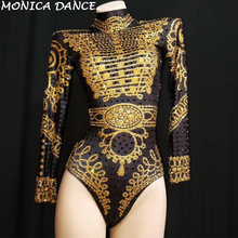 Leotardo elástico de manga larga para mujer, traje de baile con pintura de diamantes de imitación, color negro y dorado, para escenario y fiesta de cumpleaños 2024 - compra barato