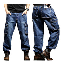 Pantalones vaqueros con múltiples bolsillos para hombre, vaqueros negros, sueltos, rectos, de talla grande 46, resistentes al desgaste 2024 - compra barato