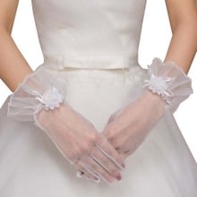 Simples dedo luvas de noiva marfim appliqued tule luvas de casamento curto comprimento do pulso transparente tule feminino luvas de casamento 2024 - compre barato