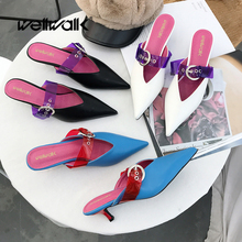 Wellwalk Pointed Toe Mules Women Slippers Stiletto Low Heel Slippers Ladies Mules Buckle Strap Slides Women Close Toe Sandals 2024 - buy cheap