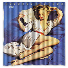 Novelty Item!Vintage Pin Up Girl Lay On Blue Bed Background Printed Waterproof Polyester Shower&Bath Curtain( 180X180CM) 2024 - buy cheap