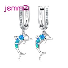 Blue Fire Opal Dolphin Earrings For Girl Party Jewelry 925 Sterling Silver Dangle Earring With Rhinestone Brincos Gift 2024 - buy cheap