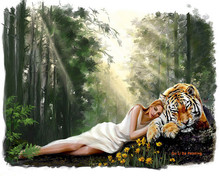 Frete grátis tela de pintura a óleo paisagem mulheres e tigre floresta telas de impressão em lona casa arte de parede imagens decorativas 2024 - compre barato