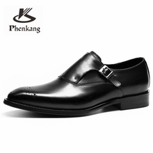 Мужские кожаные туфли, деловые модельные туфли из натуральной воловьей кожи черного цвета с пряжкой, мужские туфли на свадьбу, Phenkang 2024 - купить недорого