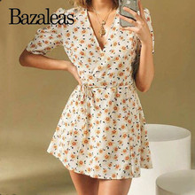 Bazaleas Short Sleeve women dress Chiffon V Neck Summer Dress 2019 Chic Floral Print Wrap Vintage vestido drop shipping 2024 - buy cheap
