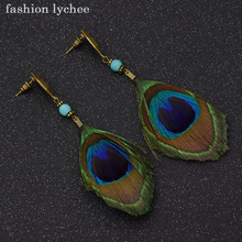 fashion lychee Bohemian Ethnic Natural Peacock Feather Dangle Earrings For Women Elegant Long Tassel Drop Earring Jewelry 2024 - buy cheap