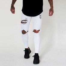 Мужские рваные джинсы Wihte, облегающие зауженные джинсы в стиле хип-хоп с дырками, хлопковые брюки для бега 2024 - купить недорого